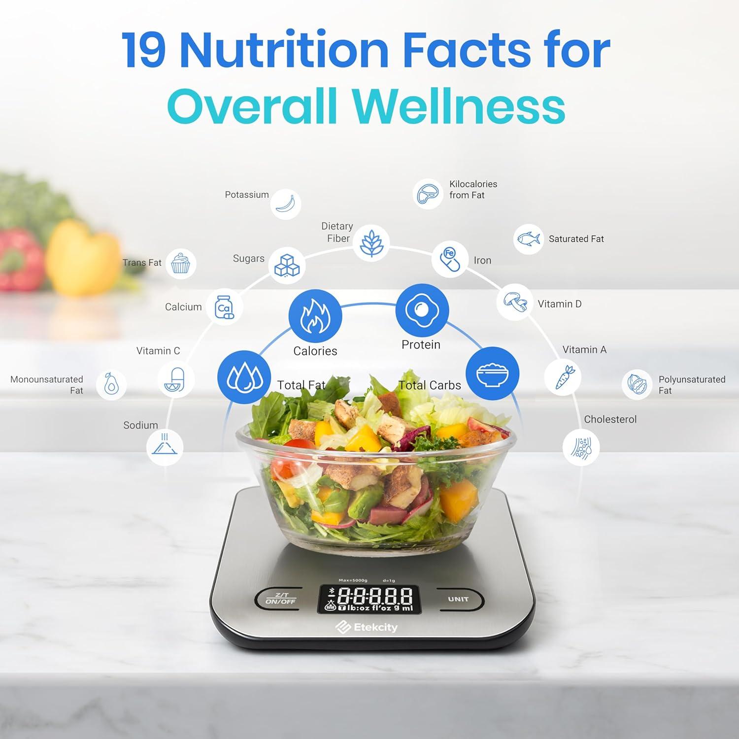 Etekcity Smart Food Kitchen Scale with Nutritional Calculator, Free App with 19 Nutrients Tracking, Calorie, Marco, Digital grams and ounces for weight loss, Premium Stainless Steel, 11lb(Silver)