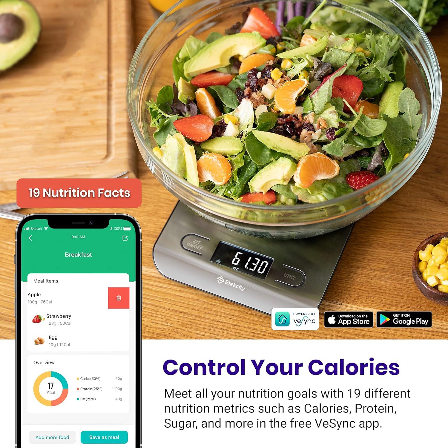 Etekcity Smart Food Kitchen Scale with Nutritional Calculator, Free App with 19 Nutrients Tracking, Calorie, Marco, Digital grams and ounces for weight loss, Premium Stainless Steel, 11lb(Silver)