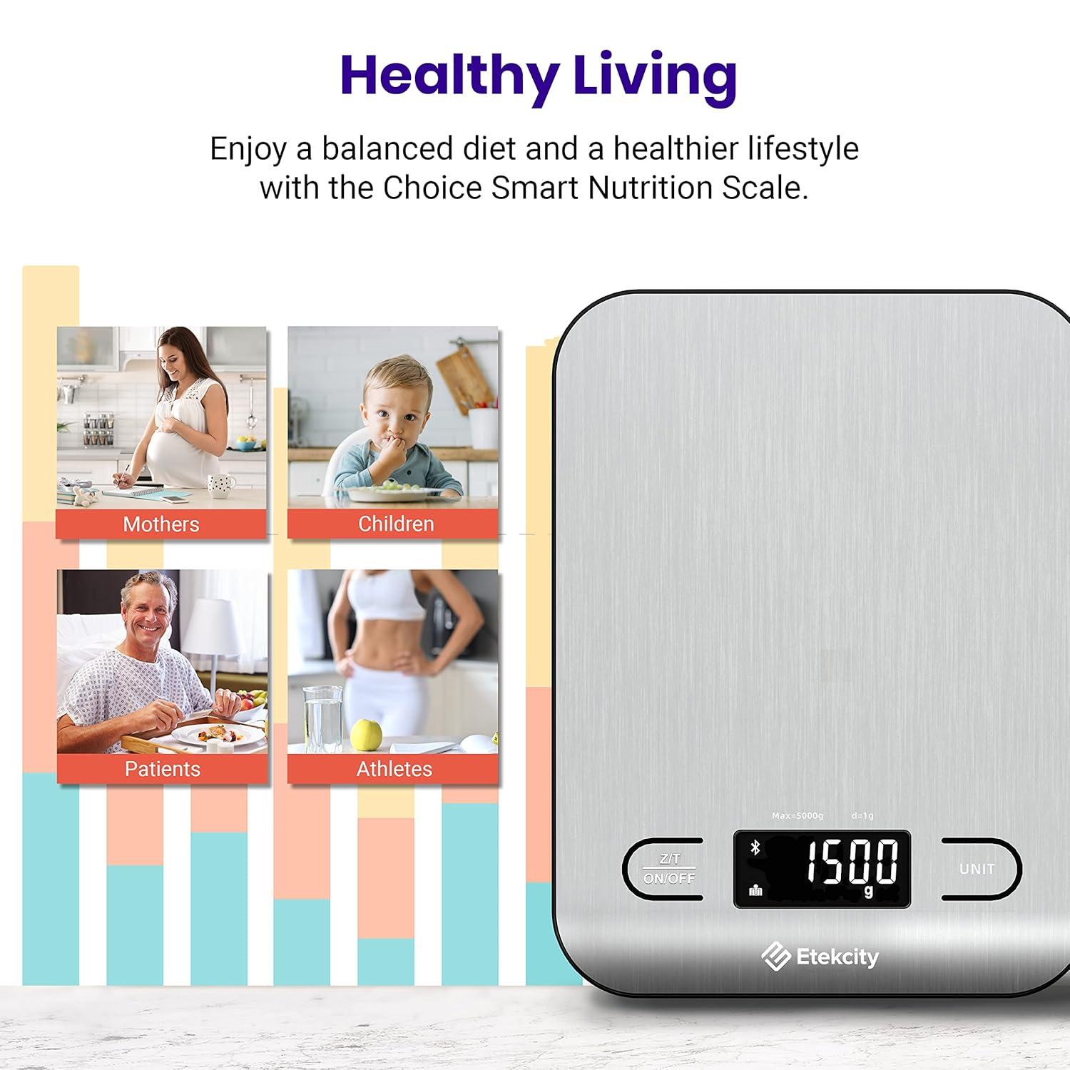 Etekcity Smart Food Kitchen Scale with Nutritional Calculator, Free App with 19 Nutrients Tracking, Calorie, Marco, Digital grams and ounces for weight loss, Premium Stainless Steel, 11lb(Silver)