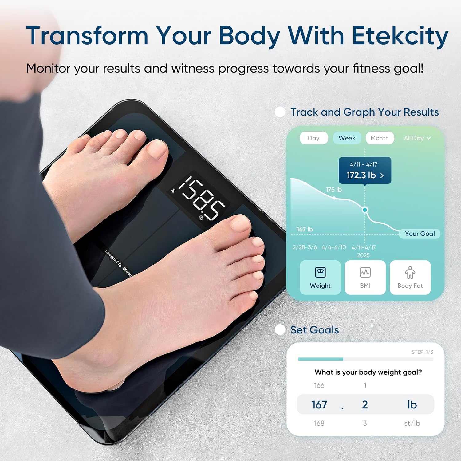 Etekcity WiFi 8-Electrode Smart Scale for Body Weight and Fat | Body Composition Scale with Color Handle Display, 50+ Metrics, 5-Segment Analysis, WiFi Auto Sync and USB-C Charging(Black)