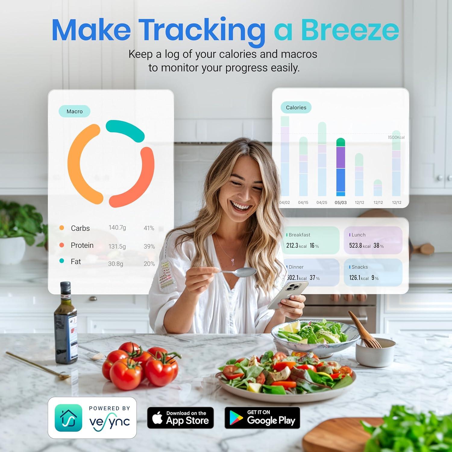Etekcity Smart Food Kitchen Scale with Nutritional Calculator, Free App with 19 Nutrients Tracking, Calorie, Marco, Digital grams and ounces for weight loss, Premium Stainless Steel, 11lb(Stainless Steel 1)